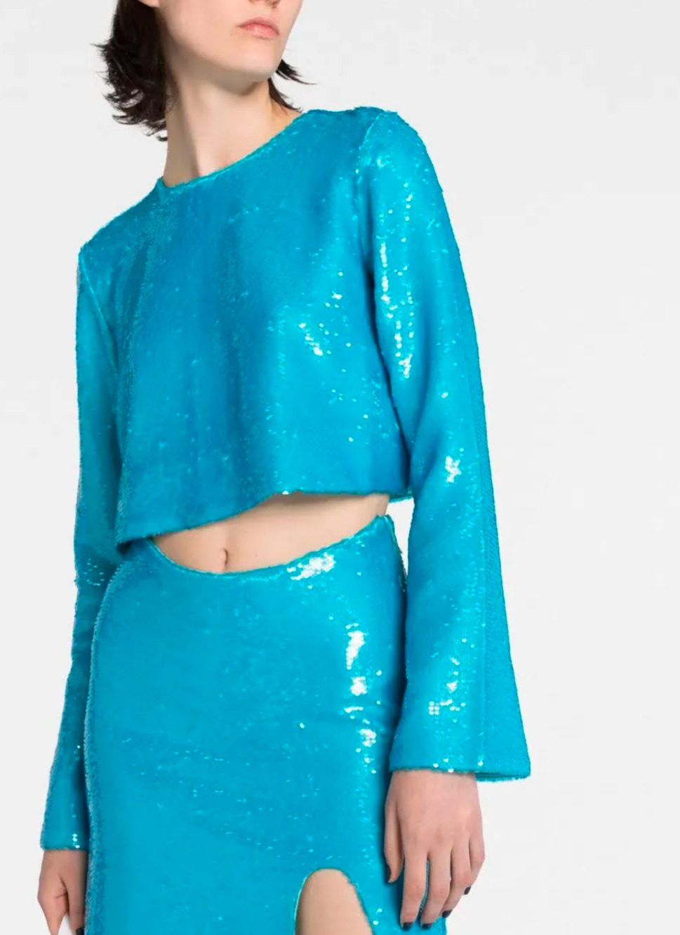 GANNI Blue Curacao Sequin Crop Top Skirt Set 38 US M Blue Embellished Midi NWT